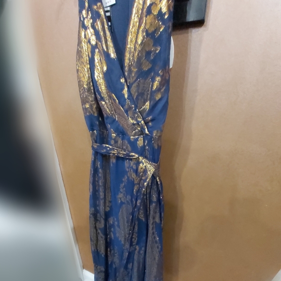LESLIE FAY Women's Blue With Gold Metallic Maxi Dress Size 10 - Picture 5 of 9